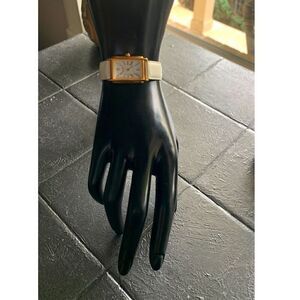 Guess Gold-Toned Rectangle dial Watch w/White Genuine Leather strap, Signed